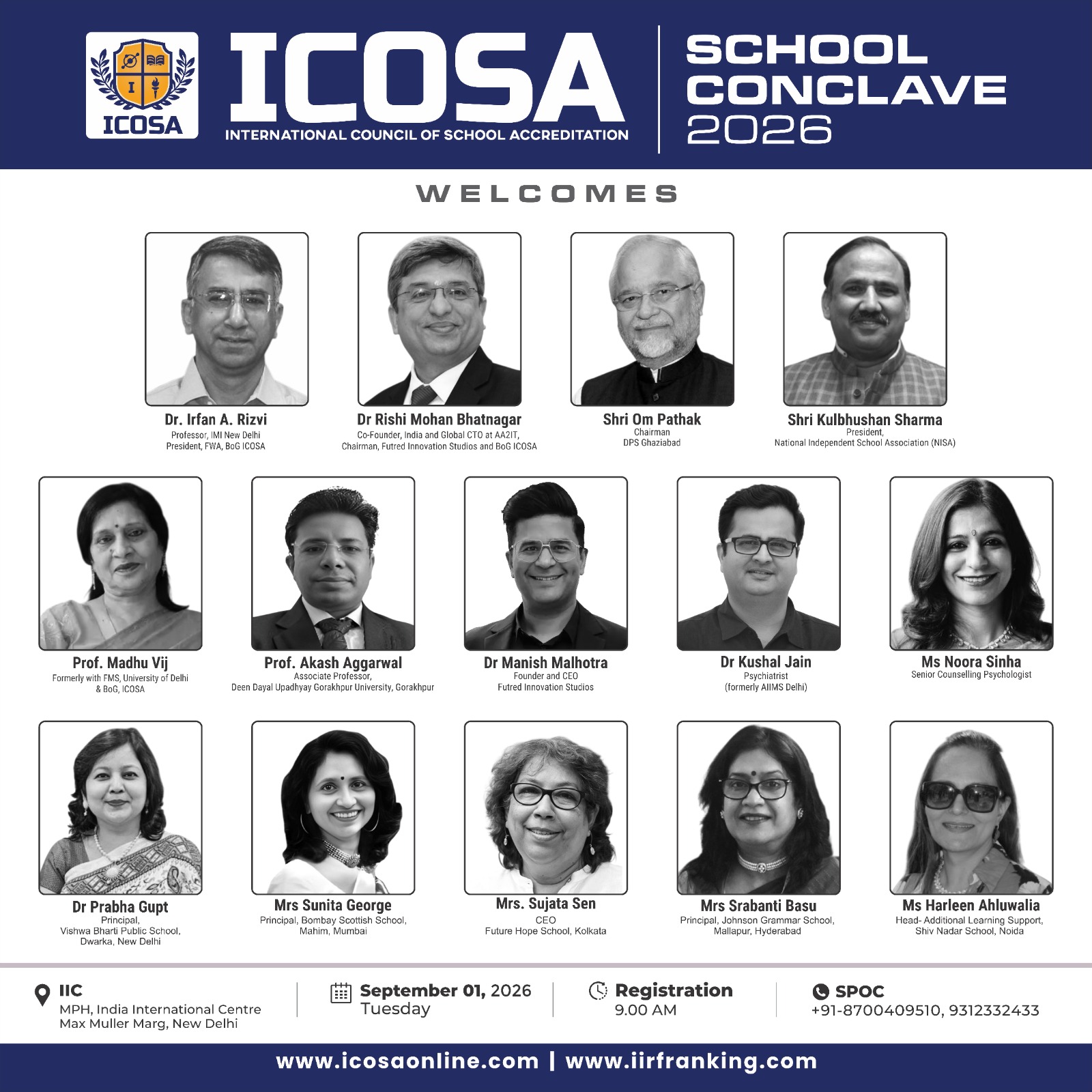 The ICOSA School Conclave 2026 speaker panel: fourteen academics, principals and education leaders, with venue and registration details for 1 September 2026 at the India International Centre, New Delhi